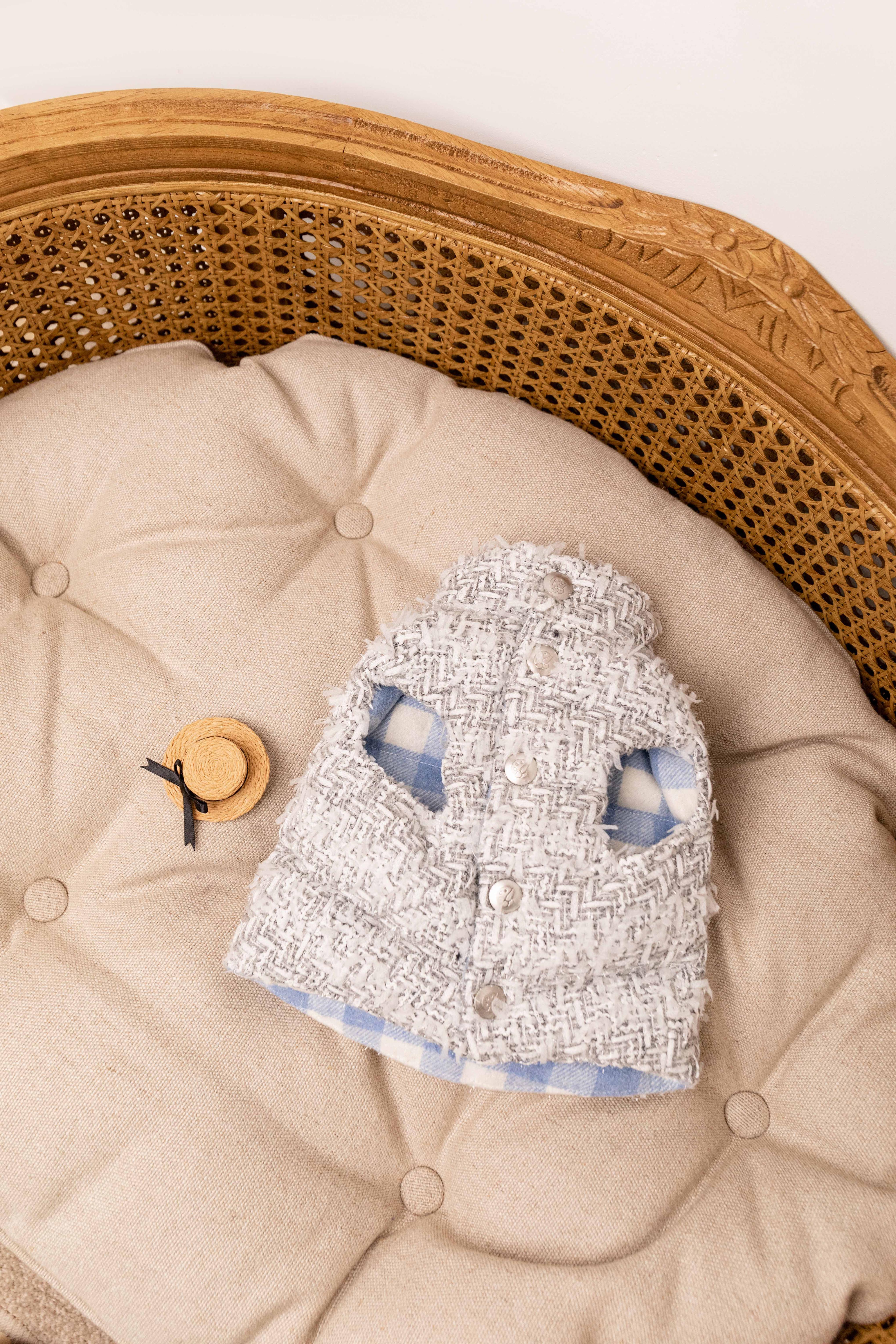 Silver Chanel-Style Plaid Puffer Jacket (Reversible)